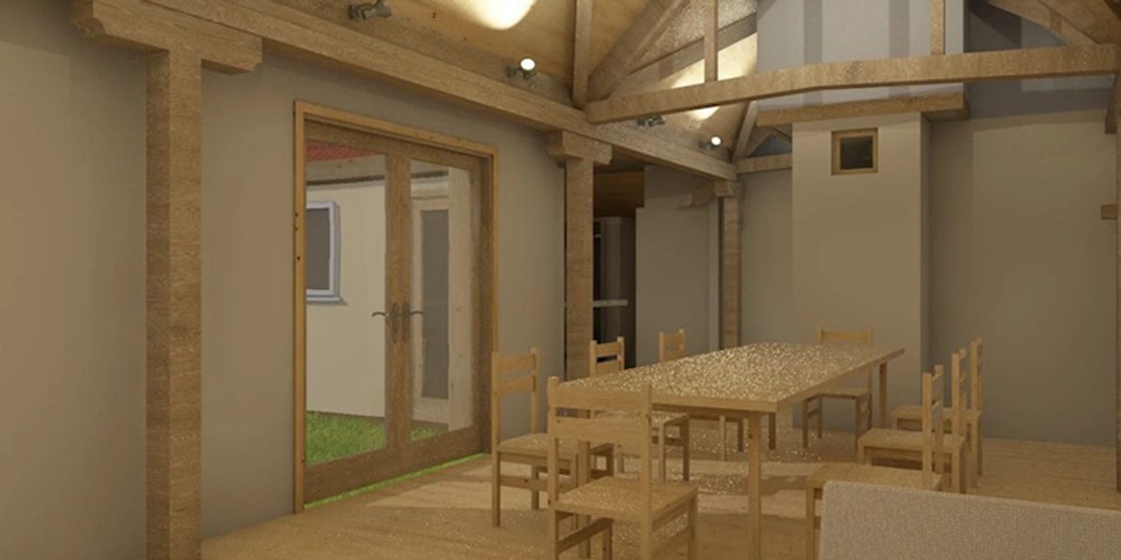 Interior CGI render of oak framed building