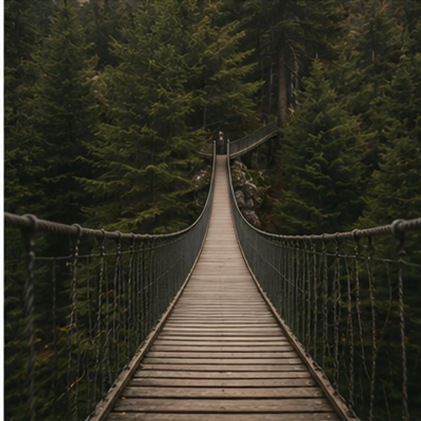 A wooden suspension bridge over a forested area.