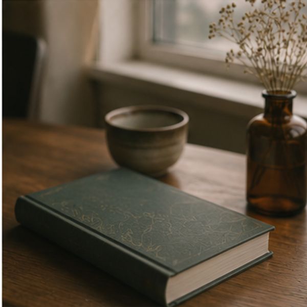 Closed book on wooden table with cup and vase.