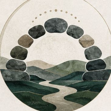 Abstract landscape with a stone arch over hills and a river.