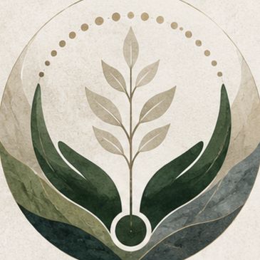 Abstract hands nurturing a plant inside a circle.