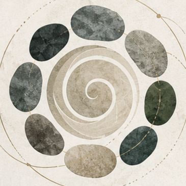 Abstract circular stone and spiral art.