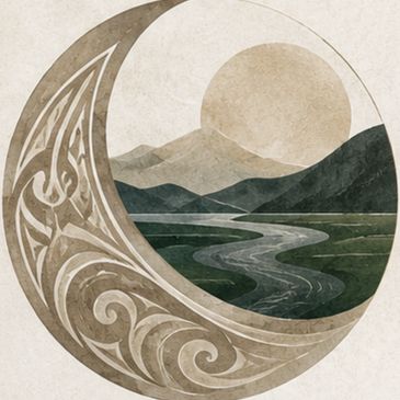 Abstract circular landscape with mountains, river, and sun.