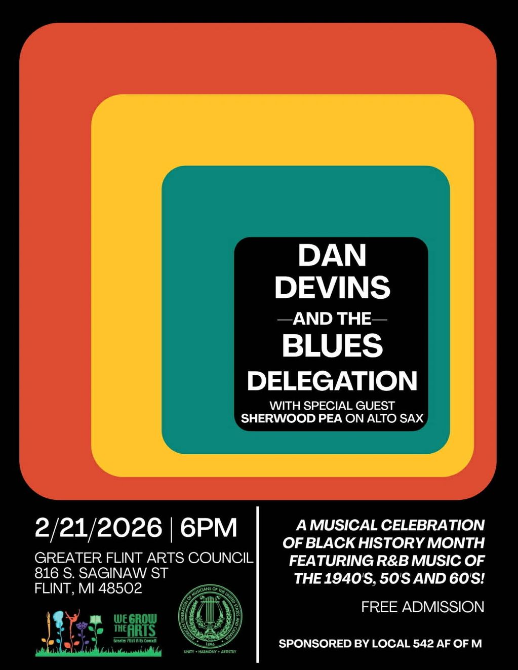 Live blues and R&B concert flyer for Black History Month at Greater Flint Arts Council