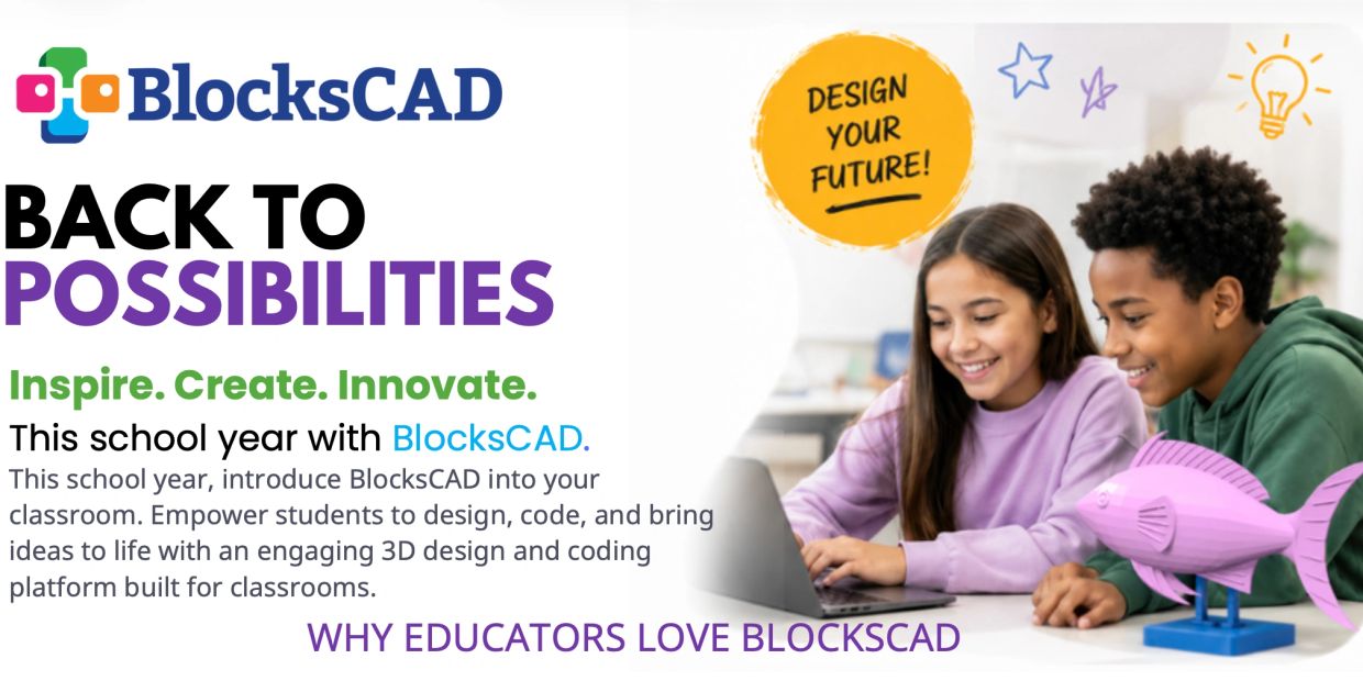 Students engaged in 3D design and coding using BlocksCAD.