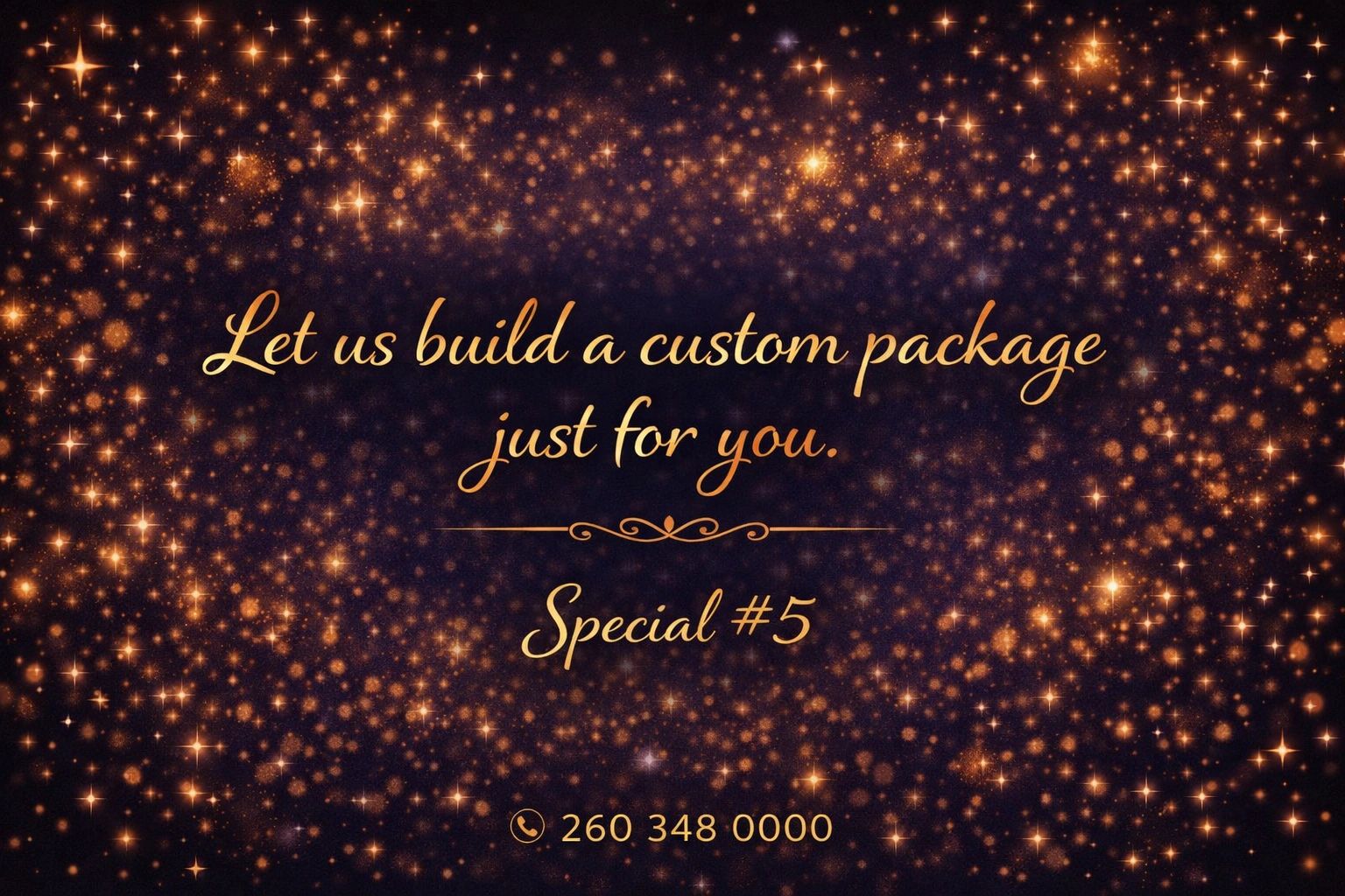 Elegant text offering a custom package with a sparkling starry background.