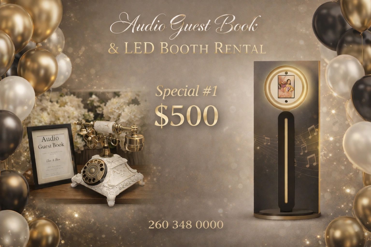 Audio Guest Book and LED Booth Rental special for $500 with vintage phone and modern booth.
