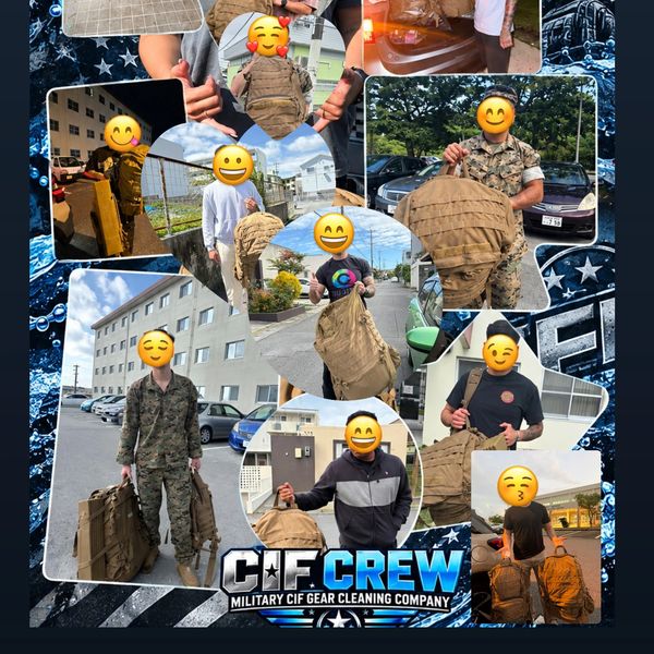 People holding military gear bags, smiling emojis cover their faces.
