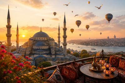 Sunset over a historic mosque with hot air balloons in the sky.