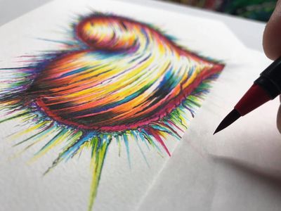 A colorful abstract drawing with vibrant strokes and a brush pen.