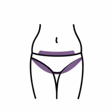 Illustration showing the bikini area highlighting hair removal zones for waxing services.