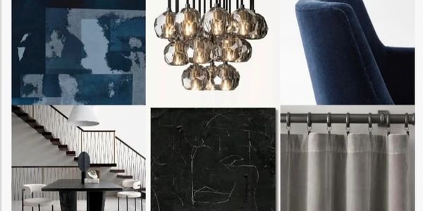 Dark and moody eDesign mood board with rich textures, modern lighting, and deep blue accents. 
