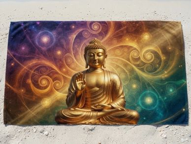 beach towel buddha meditation gold  OM cosmic yoga mat spiritual Abhaya mudra Miami Beach Towels