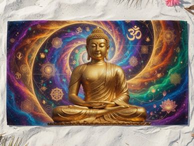 yoga mat gold buddha beach towel with OM symbols colorful cosmic vortex spiritual Miami Beach Towels