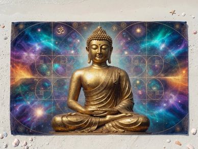 beach towel gold Buddha spiritual cosmic yoga mat OM symbol mandalas celestial Miami Beach Towels