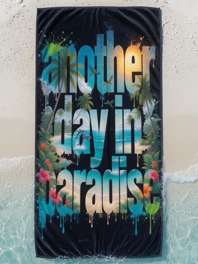 beach towel another day in paradise Miami quote graffiti tropical flowers dolphin Miami Beach Towels