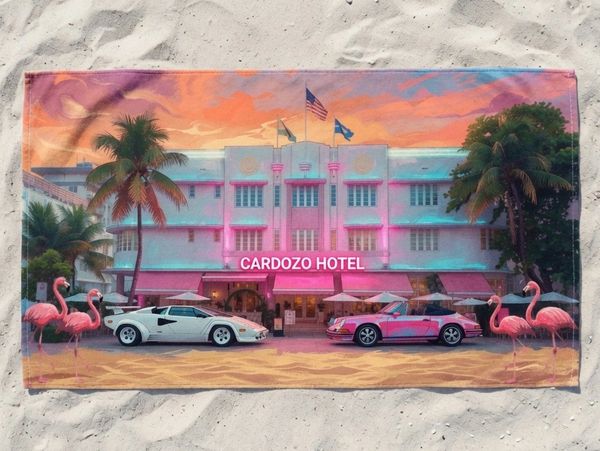 beach towel Cardozo hotel Ocean Drive Miami Beach Towels art deco neon flamingo classic cars design