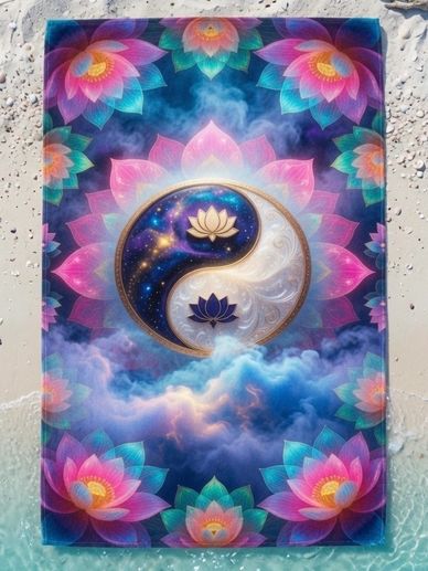 beach towel yin yang lotus flower pink blue cosmic peace yoga mat tranquility Miami Beach towels