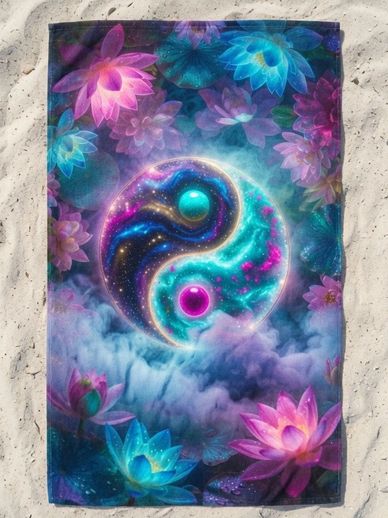 beach towel yin yang glowing lotus flower blue pink cosmic yoga mat galaxy clouds Miami Beach towels