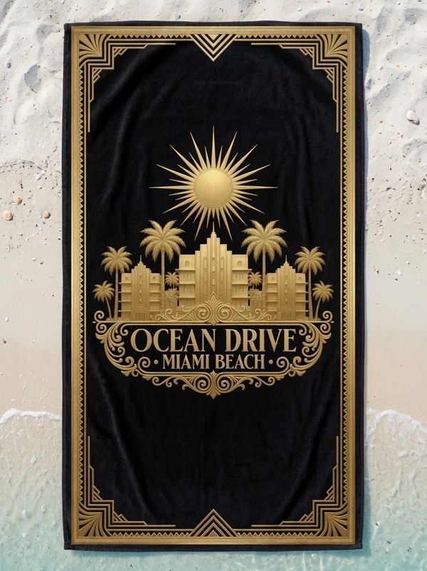 beach towel Miami Ocean Drive gold luxury art deco golden trim vintage black Miami Beach Towels