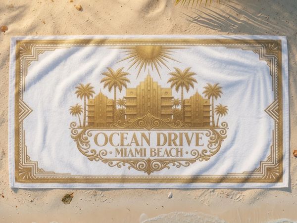 beach towel Miami Ocean Drive gold vintage Art Deco luxury design palm trees sun Miami Beach Towels