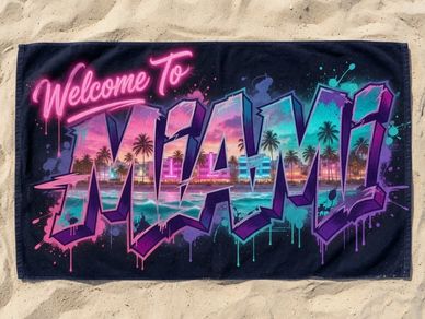 beach towel welcome to Miami quote graffiti letters sunset art deco Ocean Drive Miami Beach Towels