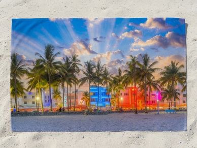 Ocean Drive Miami Beach towels retro neon classic Art Deco colorful sun rays palm trees beach towel
