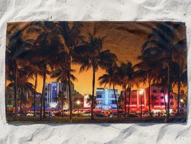 Ocean Drive Miami Beach towels retro neon classic Miami scene vibrant sunset palm trees beach towel