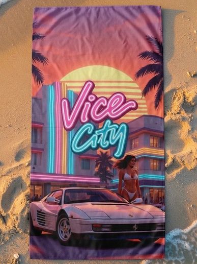 Grand Theft Auto 6 beach towel Vice City neon design, retro Ferrari sunset palm trees bikini woman