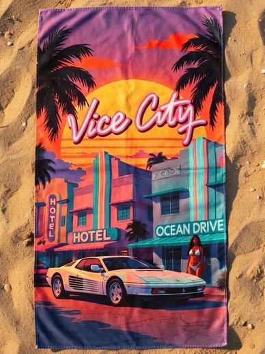 Miami Beach Towels GTA6 Vice City retro sunset white Ferrari on Ocean Drive palm trees