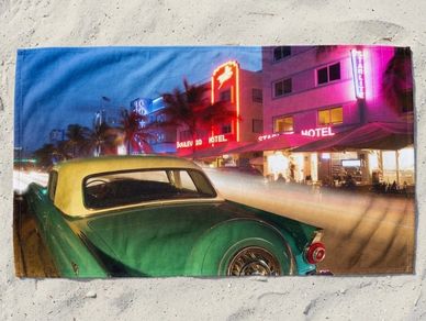 Ocean Drive Miami Beach Towel 1950s Green Classic Car Neon Hotels Design Art Deco retro beach towels