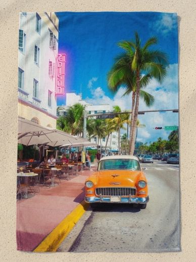 Ocean drive Miami Beach towels retro neon palm trees classic car beach towel vibrant summer apparel