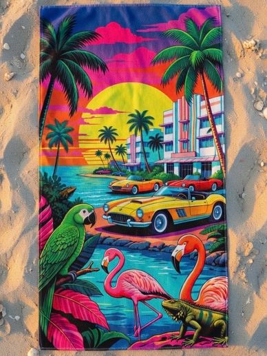 beach towels colorful vibrant with pink flamingos parrots sports cars and sunset in Miami Beach pop