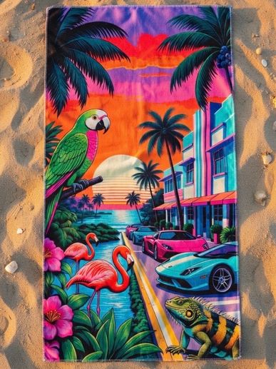 colorful beach towel pop art pink flamingos parrots sunset sports cars Ocean Dr Miami Beach Towels