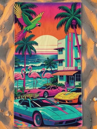 beach towels colorful vibrant with pink flamingos parrots sports cars and sunset in Miami Beach pop