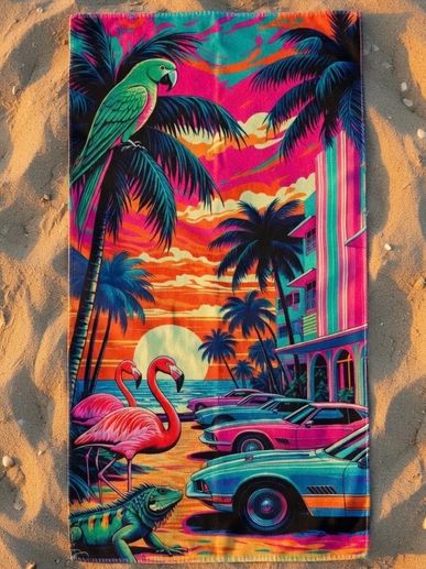 colorful beach towel pop art pink flamingos parrots sunset sports cars Ocean Dr Miami Beach Towels