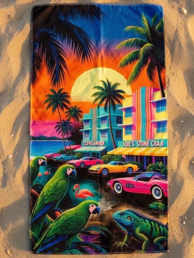 colorful beach towel pop art pink flamingos parrots sunset sports cars Ocean Dr Miami Beach Towels