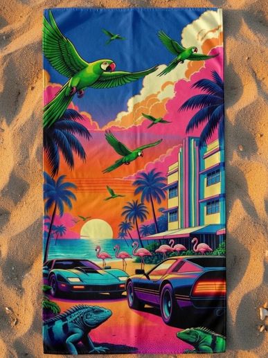 beach towels colorful vibrant with pink flamingos parrots sports cars and sunset in Miami Beach pop