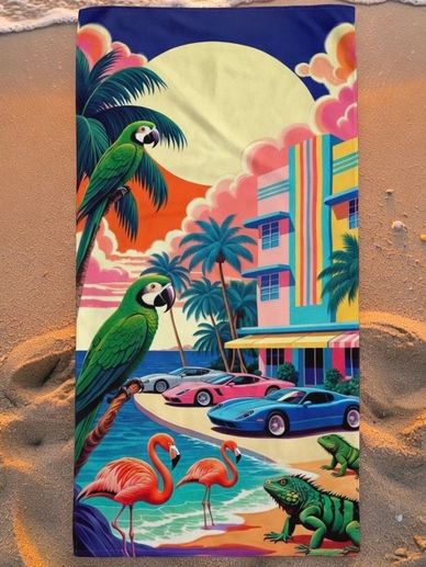 colorful beach towel pop art pink flamingos parrots sunset sports cars Ocean Dr Miami Beach Towels