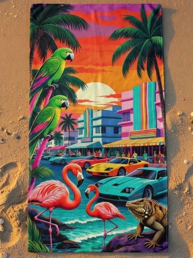 beach towels colorful vibrant with pink flamingos parrots sports cars and sunset in Miami Beach pop