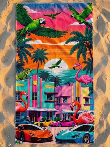 beach towels colorful vibrant with pink flamingos parrots sports cars and sunset in Miami Beach pop