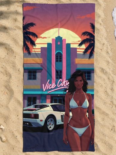 GTA 6 Vice City Beach Towels with white Ferrari beautiful women in bikini, palm trees. retro sunset