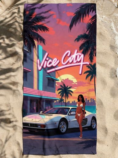 Miami Beach Towels Vice City neon retro sunset Ferrari bikini woman GTA6 style set with palm trees