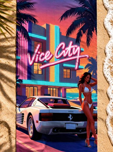 Grand Theft Auto 6 Vice City Beach Towels with white Ferrari women in bikini palm trees Miami Beach