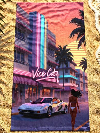 Miami Beach Towels GTA6 Vice City white Ferrari women in bikini palm trees retro sunset neon hotels