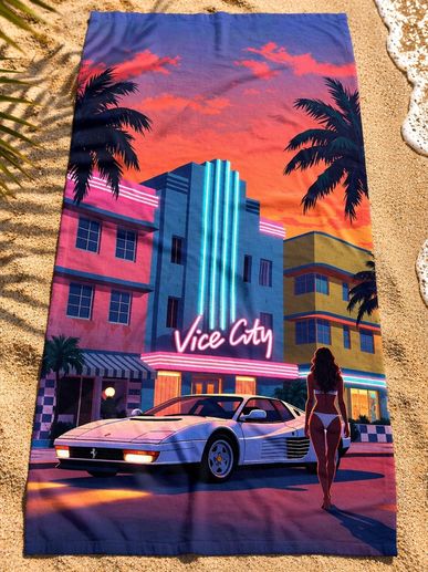 GTA6 Vice City image with palm trees Ferrari retro sunset neon Ocean Dr hotels by Miami Beach Towels