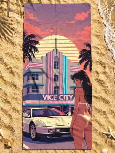 Vice City beach towel by Miami Beach Towels with woman in bikini Ferrari retro sunset palm trees