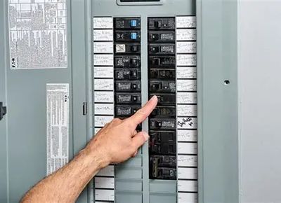 Person pointing at a circuit breaker panel inside an electrical box.