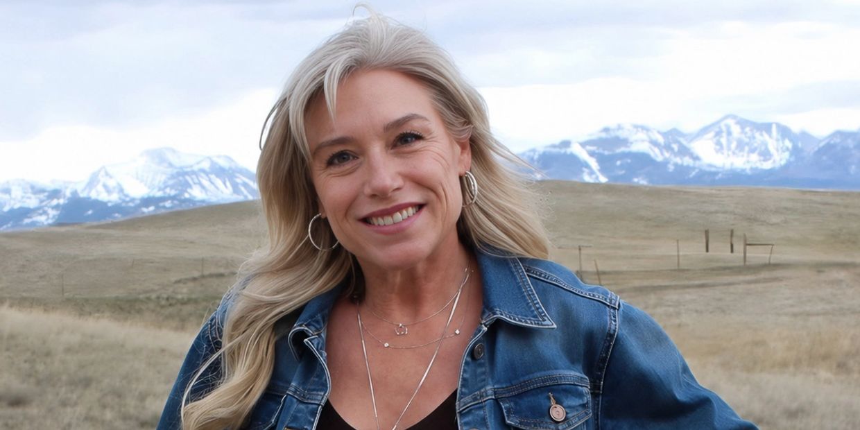 Smiling woman in denim jacket with snowy mountains in the background.