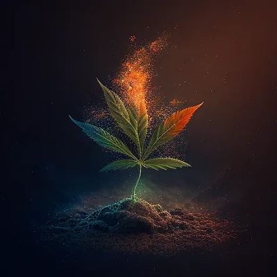 A glowing cannabis leaf growing out of the ground.